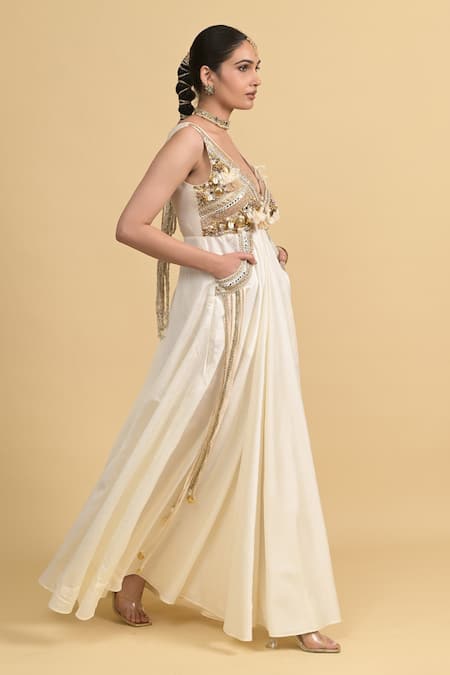 Rishi and Vibhuti Ivory Chanderi Beads, Sequins V-neck Yoke Embellished Jumpsuit Online at Aza Fashions Rishi and Vibhuti_Ivory Chanderi Beads, Sequins V-neck Yoke Embellished Jumpsuit _Online_at_Aza_Fashions