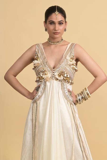 Buy Rishi and Vibhuti Ivory Chanderi Beads, Sequins V-neck Yoke Embellished Jumpsuit Online at Aza Fashions Buy_Rishi and Vibhuti_Ivory Chanderi Beads, Sequins V-neck Yoke Embellished Jumpsuit _Online_at_Aza_Fashions