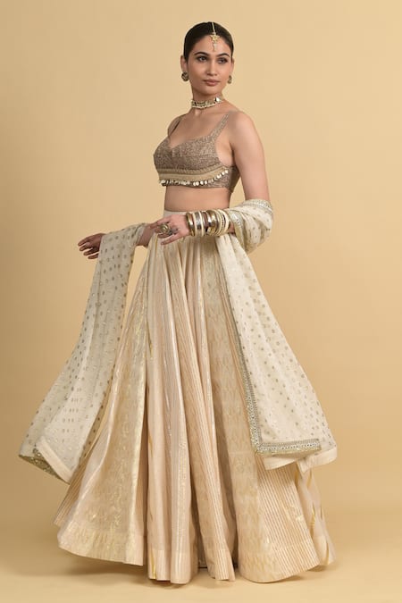 Rishi and Vibhuti_Brown Silk, Georgette, Cotton Embroidery Ivory Classic Lehenga Set _Online_at_Aza_Fashions