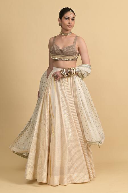 Shop_Rishi and Vibhuti_Brown Silk, Georgette, Cotton Embroidery Ivory Classic Lehenga Set _Online_at_Aza_Fashions