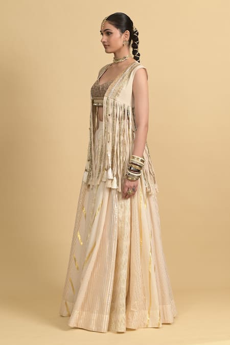 Rishi and Vibhuti_Brown Cotton, Silk Beads, Tassels, Fringe Ivory Fusion Lehenga Set With Jacket _Online_at_Aza_Fashions