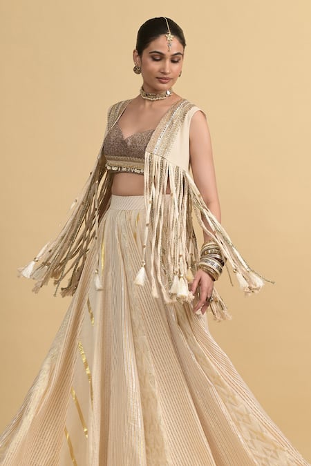 Buy_Rishi and Vibhuti_Brown Cotton, Silk Beads, Tassels, Fringe Ivory Fusion Lehenga Set With Jacket _Online_at_Aza_Fashions