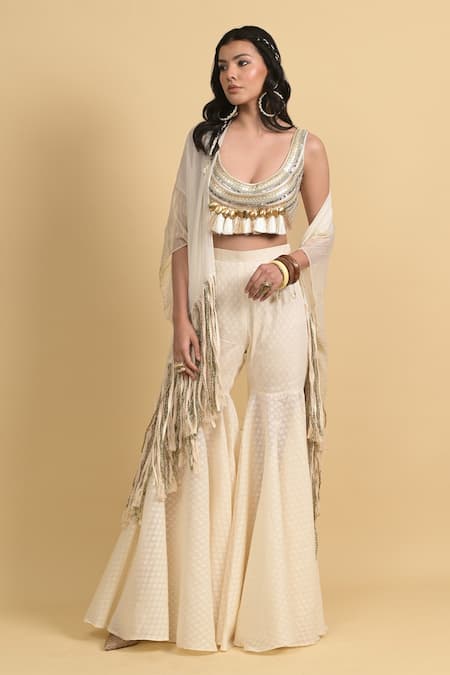 Rishi and Vibhuti_Ivory Cotton, Organza Tassels, Beads Border Embroidered Sharara Set With Cape _Online_at_Aza_Fashions