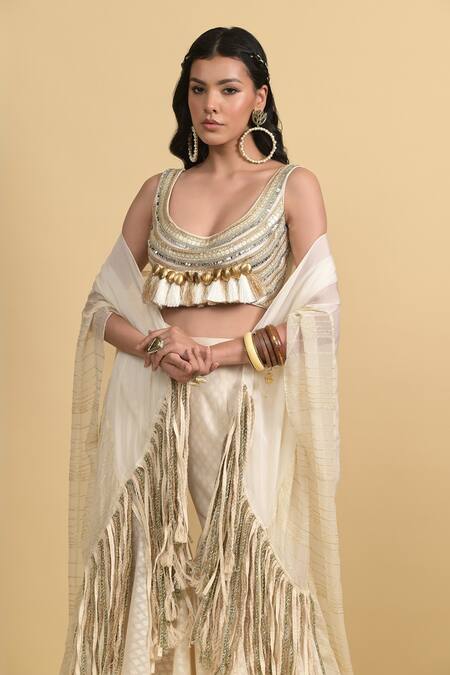 Buy_Rishi and Vibhuti_Ivory Cotton, Organza Tassels, Beads Border Embroidered Sharara Set With Cape _Online_at_Aza_Fashions