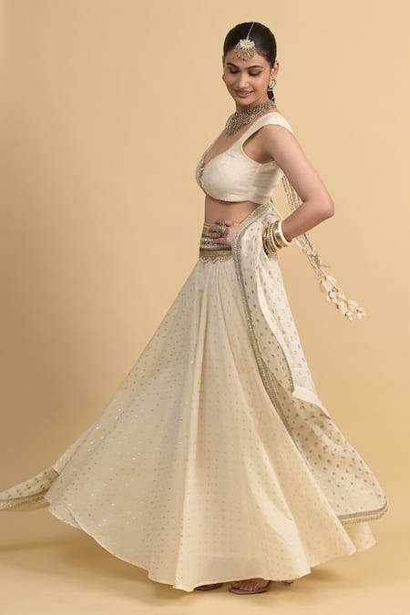 Rishi and Vibhuti_Ivory Cotton, Georgette Sequins Classic Lehenga Set _Online_at_Aza_Fashions
