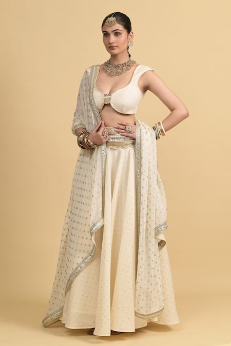 Buy_Rishi and Vibhuti_Ivory Cotton, Georgette Sequins Classic Lehenga Set _Online_at_Aza_Fashions