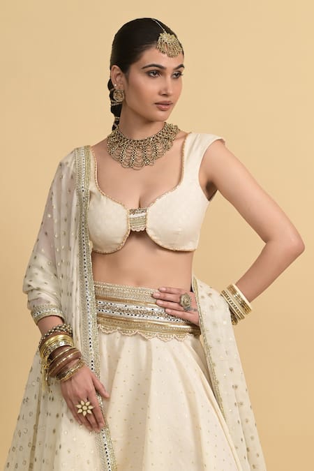 Shop_Rishi and Vibhuti_Ivory Cotton, Georgette Sequins Classic Lehenga Set _Online_at_Aza_Fashions