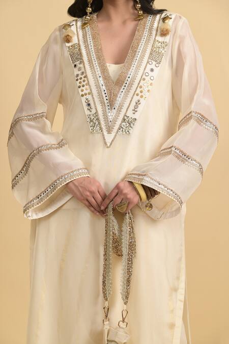 Rishi and Vibhuti Ivory Cotton, Organza Sequins, Embroidery V-neck Straight Kurta Set Online at Aza Fashions Rishi and Vibhuti_Ivory Cotton, Organza Sequins, Embroidery V-neck Straight Kurta Set _Online_at_Aza_Fashions