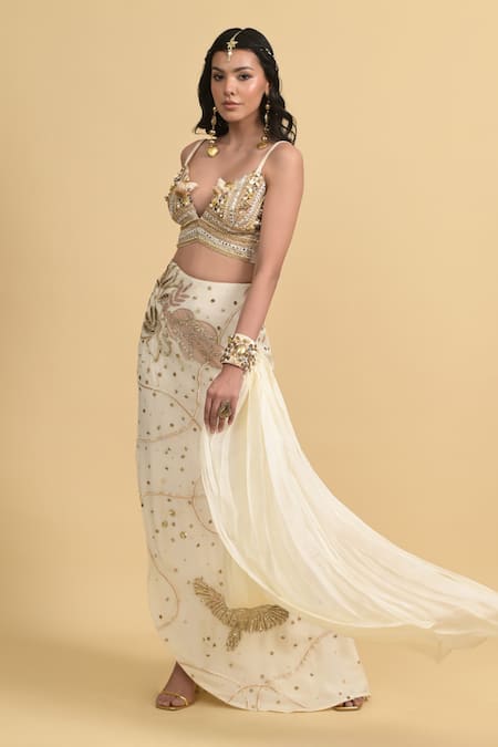 Rishi and Vibhuti Ivory Cotton, Georgette Beads, Sequins, Embellished Bralette Skirt Cape Set Online at Aza Fashions Rishi and Vibhuti_Ivory Cotton, Georgette Beads, Sequins, Embellished Bralette Skirt Cape Set _Online_at_Aza_Fashions