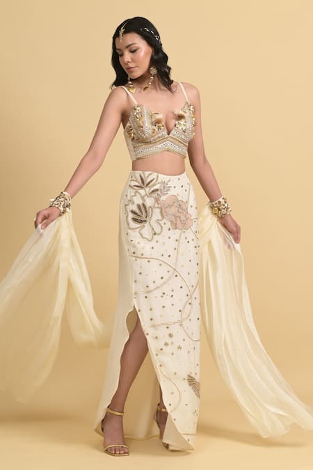 Rishi and Vibhuti Ivory Cotton, Georgette Beads, Sequins, Embellished Bralette Skirt Cape Set at Aza Fashions Rishi and Vibhuti_Ivory Cotton, Georgette Beads, Sequins, Embellished Bralette Skirt Cape Set _at_Aza_Fashions