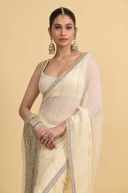 Rishi and Vibhuti_Ivory Georgette, Chanderi Silk Sequins, Embroidery And Saree Set _Online_at_Aza_Fashions