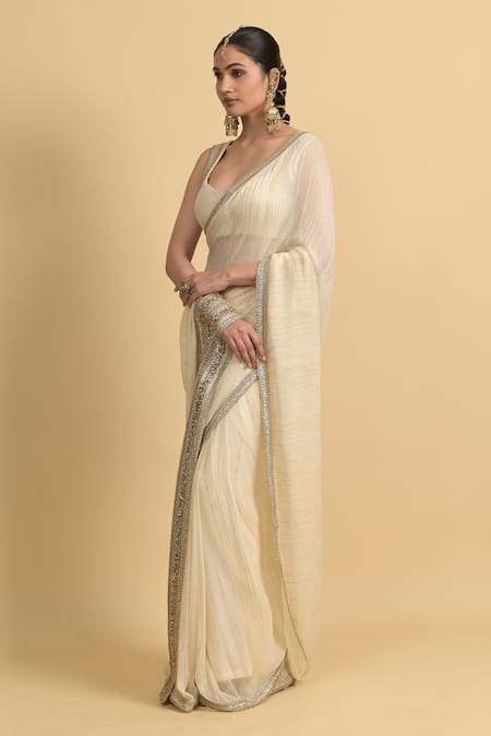 Buy_Rishi and Vibhuti_Ivory Georgette, Chanderi Silk Sequins, Embroidery And Saree Set _Online_at_Aza_Fashions