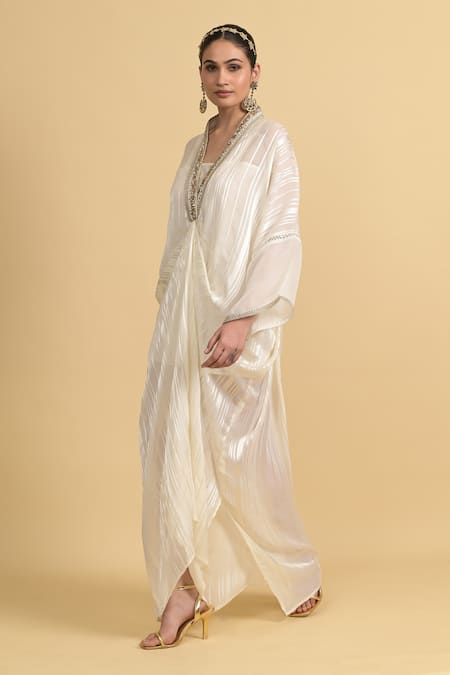 Rishi and Vibhuti_White Organza V-neck Placket Embroidered Kaftan _Online_at_Aza_Fashions