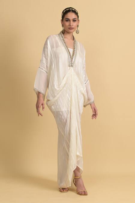 Buy_Rishi and Vibhuti_White Organza V-neck Placket Embroidered Kaftan _Online_at_Aza_Fashions