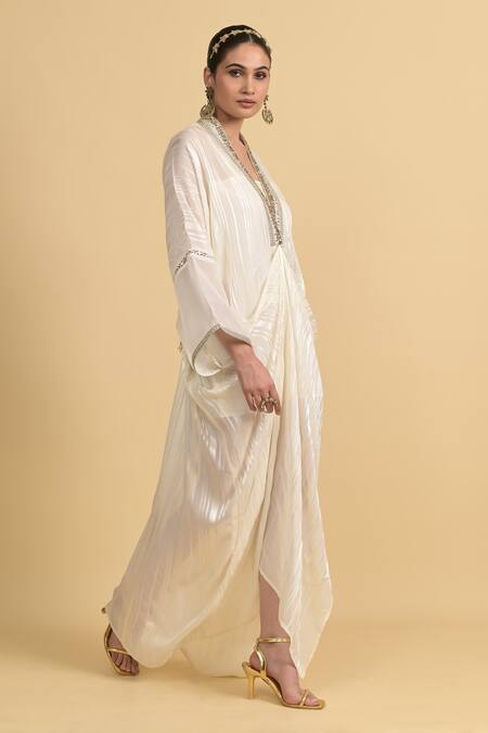 Shop_Rishi and Vibhuti_White Organza V-neck Placket Embroidered Kaftan _Online_at_Aza_Fashions