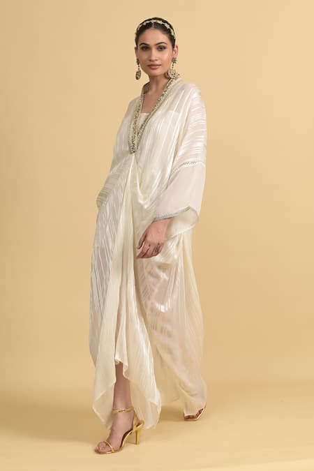 Rishi and Vibhuti_White Organza V-neck Placket Embroidered Kaftan _at_Aza_Fashions