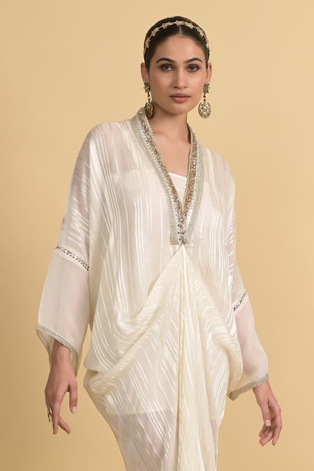 Buy_Rishi and Vibhuti_White Organza V-neck Placket Embroidered Kaftan 