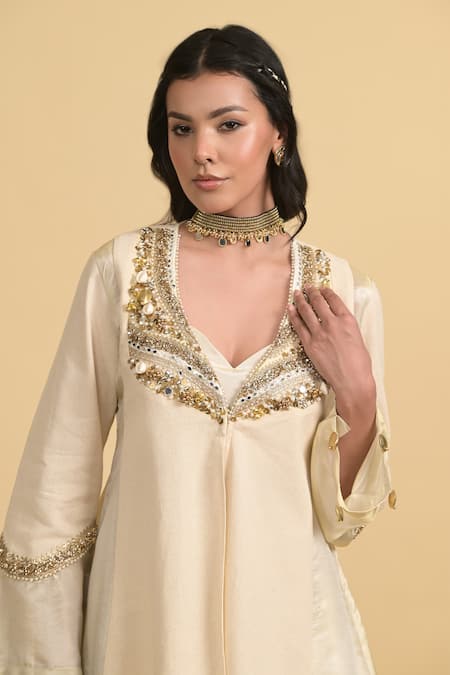 Rishi and Vibhuti_Ivory Chanderi Silk Sequins, Beads V-neck Jacket Pant Set _at_Aza_Fashions
