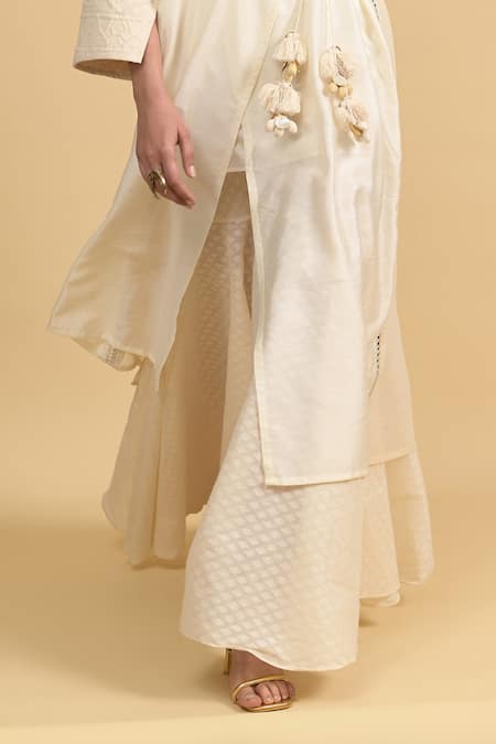 Buy_Rishi and Vibhuti_Ivory Cotton, Chanderi Silk Tassels V-neck Angarkha Kurta And Flared Pant Set _Online_at_Aza_Fashions