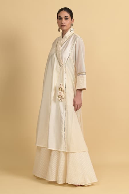 Shop_Rishi and Vibhuti_Ivory Cotton, Chanderi Silk Tassels V-neck Angarkha Kurta And Flared Pant Set _Online_at_Aza_Fashions