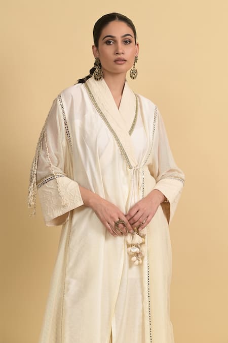 Buy_Rishi and Vibhuti_Ivory Cotton, Chanderi Silk Tassels V-neck Angarkha Kurta And Flared Pant Set 