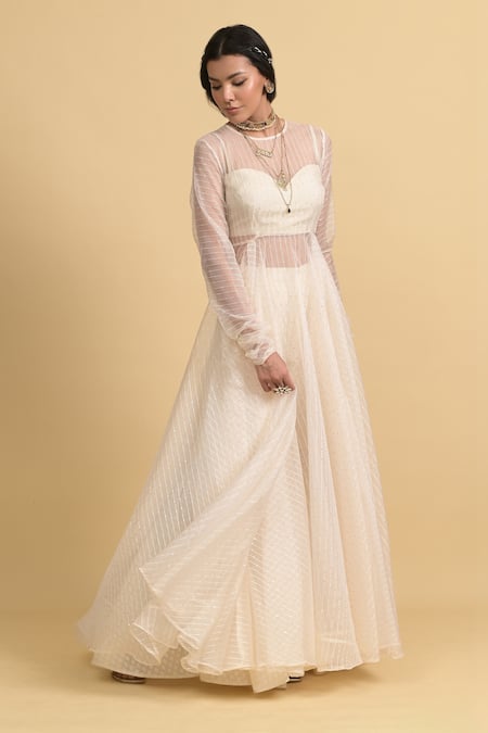 Rishi and Vibhuti_Ivory Organza, Chanderi Silk, Cotton Round , Sweetheart Anarkali Set _Online_at_Aza_Fashions