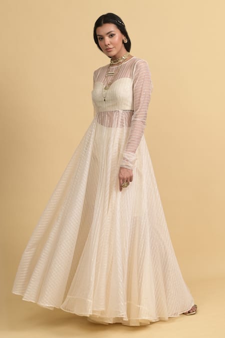 Shop_Rishi and Vibhuti_Ivory Organza, Chanderi Silk, Cotton Round , Sweetheart Anarkali Set _Online_at_Aza_Fashions