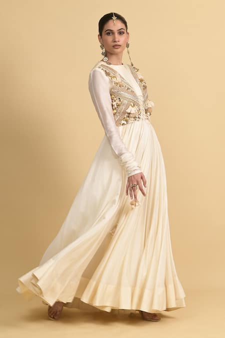 Rishi and Vibhuti_Ivory Chanderi Beads, Sequins Round Neck, Designer Anarkali Set With Jacket _Online_at_Aza_Fashions