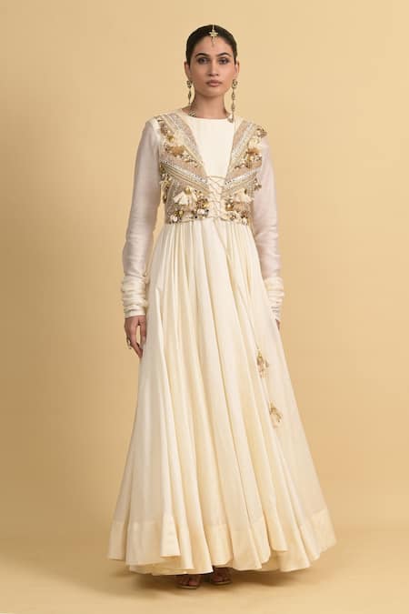 Buy_Rishi and Vibhuti_Ivory Chanderi Beads, Sequins Round Neck, Designer Anarkali Set With Jacket _Online_at_Aza_Fashions