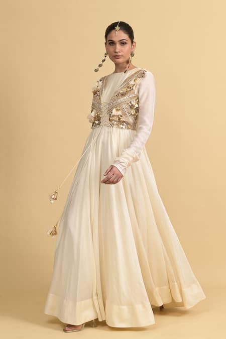 Shop_Rishi and Vibhuti_Ivory Chanderi Beads, Sequins Round Neck, Designer Anarkali Set With Jacket _Online_at_Aza_Fashions