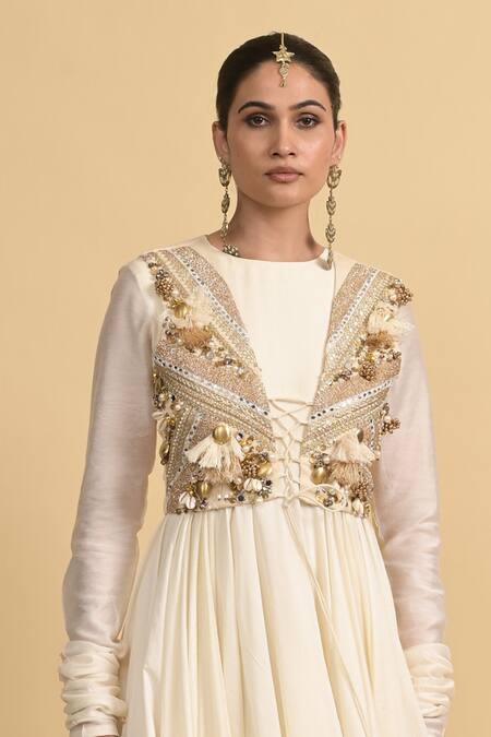 Rishi and Vibhuti_Ivory Chanderi Beads, Sequins Round Neck, Designer Anarkali Set With Jacket _at_Aza_Fashions