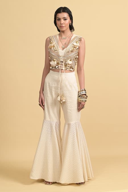 Rishi and Vibhuti_Ivory Cotton Beads, Tassels, Embroidery V-neck Jacket And Sharara Set _Online_at_Aza_Fashions