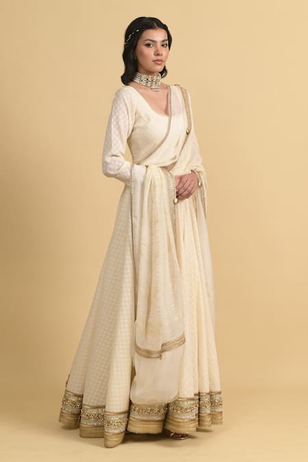 Rishi and Vibhuti_Ivory Cotton, Georgette Sequins Designer Anarkali Set With Dupatta _Online_at_Aza_Fashions
