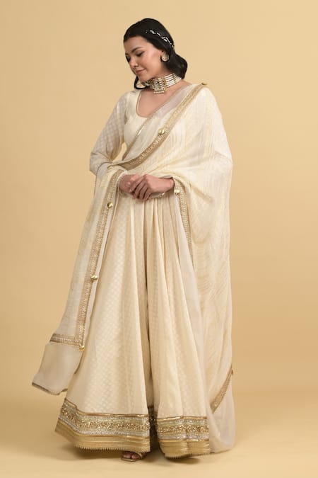 Buy_Rishi and Vibhuti_Ivory Cotton, Georgette Sequins Designer Anarkali Set With Dupatta _Online_at_Aza_Fashions