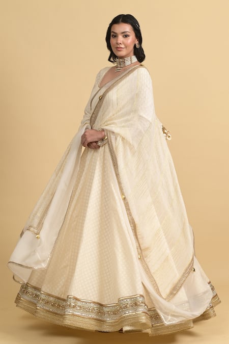 Shop_Rishi and Vibhuti_Ivory Cotton, Georgette Sequins Designer Anarkali Set With Dupatta _Online_at_Aza_Fashions