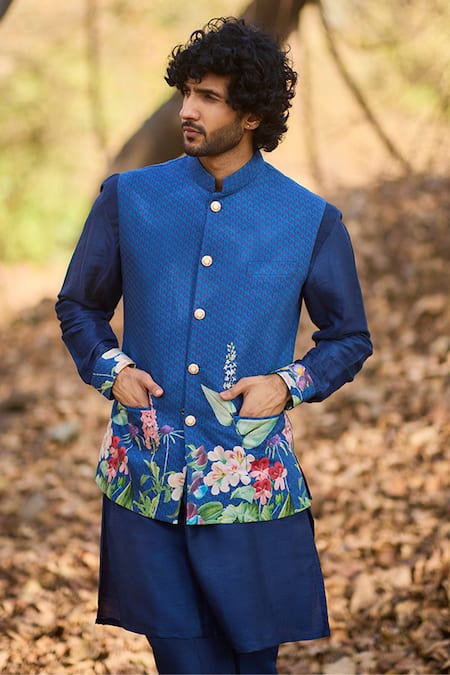 Nirmooha Blue Nylon Embroidery Floral Indigo Bundi Kurta Set Online at Aza Fashions Nirmooha_Blue Nylon Embroidery Floral Indigo Bundi Kurta Set _Online_at_Aza_Fashions
