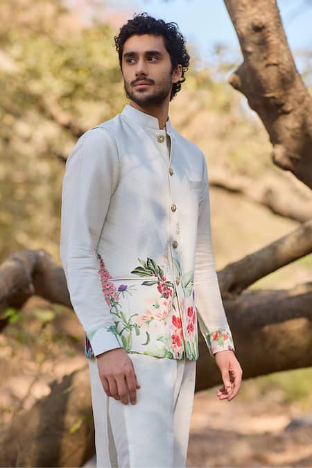 Nirmooha_White Silk, Cotton, Nylon Floral Printed Bundi Kurta Set _Online_at_Aza_Fashions