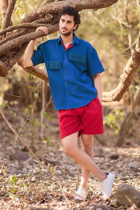 Nirmooha_Blue Denim Embroidery Frontier Casual Shirt _Online_at_Aza_Fashions