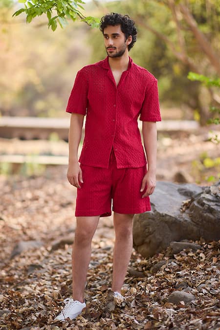 Nirmooha_Red Crochet Titan Stitch Shirt _Online_at_Aza_Fashions