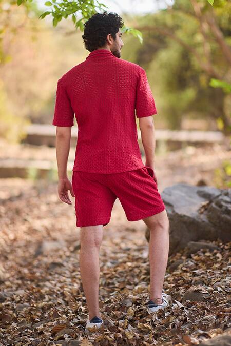 Shop_Nirmooha_Red Crochet Titan Stitch Shirt _at_Aza_Fashions
