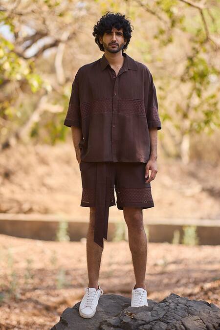 Nirmooha_Brown Denim Embroidery Wildwood Weave Panel Shirt _Online_at_Aza_Fashions