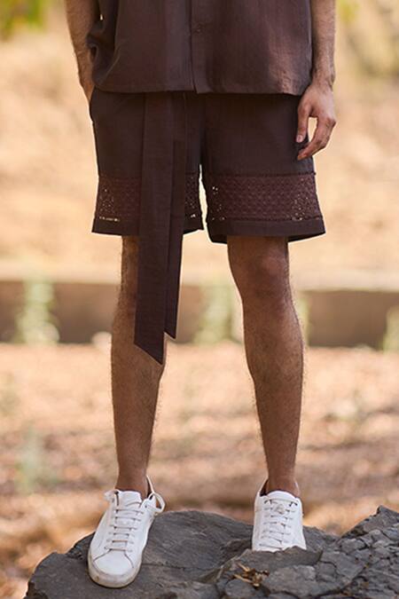 Nirmooha_Brown Denim Wildwood Weave Boho Crochet Shorts _Online_at_Aza_Fashions