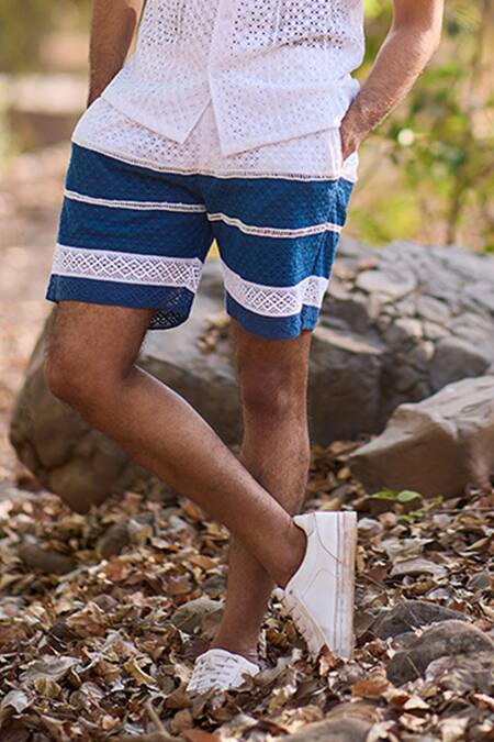 Nirmooha_Blue Amber Haven Panel Crochet Shorts _Online_at_Aza_Fashions