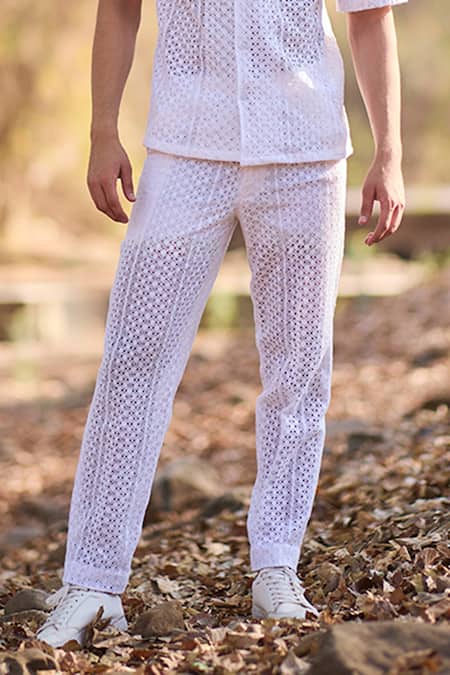 Nirmooha_White Woven Ember Crochet Pants _Online_at_Aza_Fashions