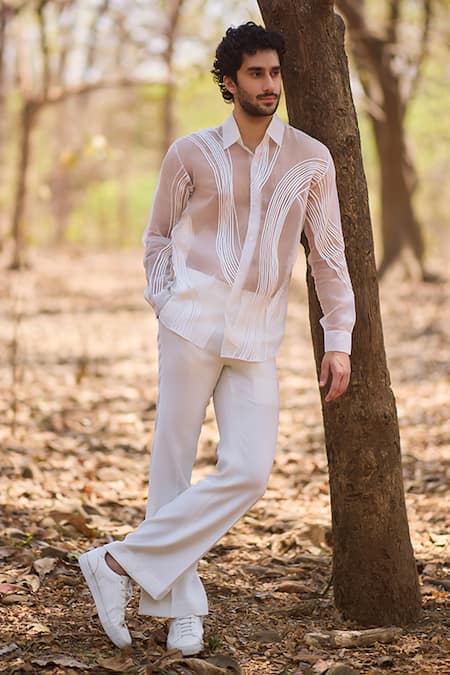 Nirmooha White Organza Ivory Command Sheer Cording Shirt Online at Aza Fashions Nirmooha_White Organza Ivory Command Sheer Cording Shirt _Online_at_Aza_Fashions