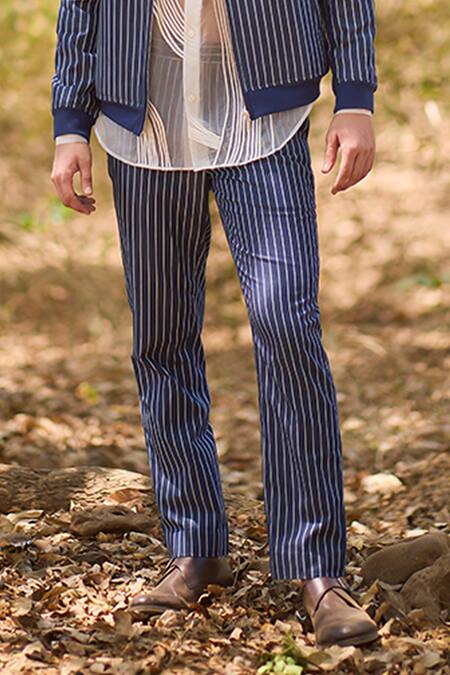Nirmooha Blue Denim Noble Alchemy Striped Narrow-fit Pants Online at Aza Fashions Nirmooha_Blue Denim Noble Alchemy Striped Narrow-fit Pants _Online_at_Aza_Fashions