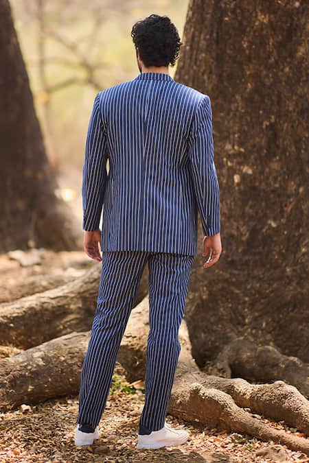 Shop_Nirmooha_Blue Denim Maison Stride Single Breasted Blazer _at_Aza_Fashions