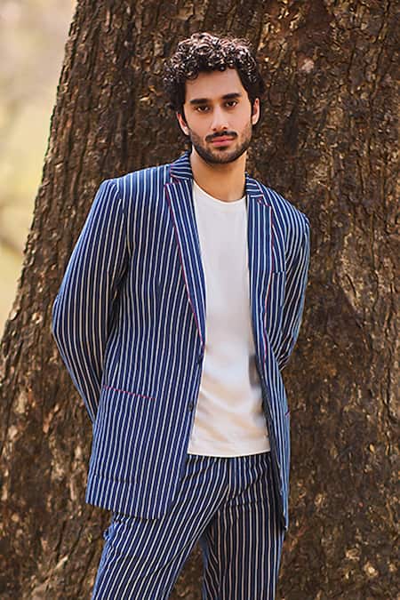 Nirmooha_Blue Denim Maison Stride Single Breasted Blazer _Online_at_Aza_Fashions