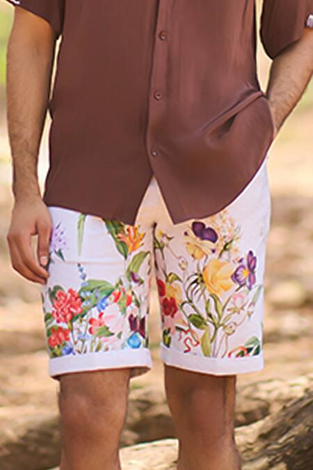 Nirmooha_White Denim Ember And Earth Floral Printed Shorts _Online_at_Aza_Fashions