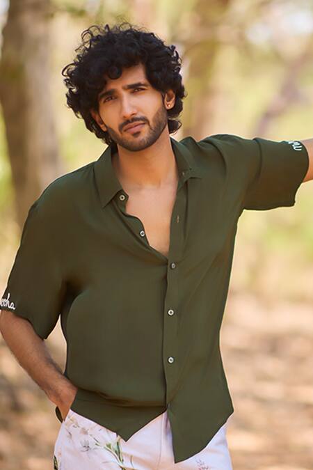 Nirmooha_Green Silk Olive Grove Escape Shirt _Online_at_Aza_Fashions